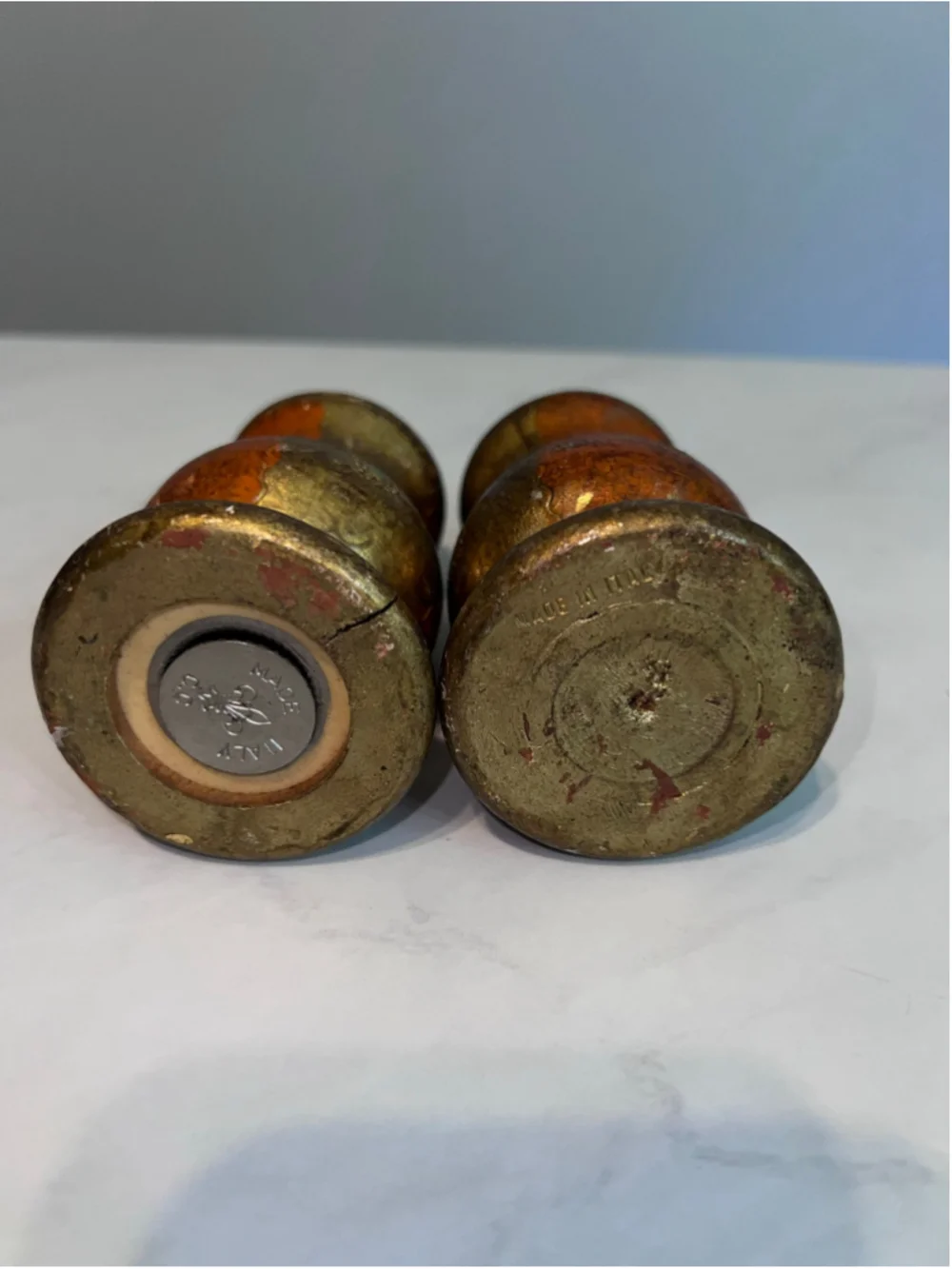 VTG Brass Italian Kitchen Salt Pepper Shaker Set Gold Orange